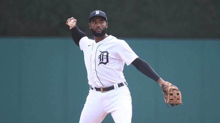 Sep 12, 2021; Detroit, Michigan, USA; Detroit Tigers shortstop Niko Goodrum (28) during the game against the Tampa Bay Rays at Comerica Park.