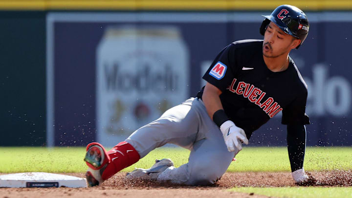 iOct 9, 2024; Detroit, Michigan, USA; Cleveland Guardians outfielder Steven Kwan (38) slides into second base after a throwing error by the Detroit Tigers after he hit a single during the third inning during game three of the ALDS for the 2024 MLB Playoffs at Comerica Park. Mandatory Credit: David Reginek-Imagn Images iOct 9, 2024; Detroit, Michigan, USA; Cleveland Guardians outfielder Steven Kwan (38) slides into second base after a throwing error by the Detroit Tigers after he hit a single during the third inning during game three of the ALDS for the 2024 MLB Playoffs at Comerica Park. Mandatory Credit: David Reginek-Imagn Images