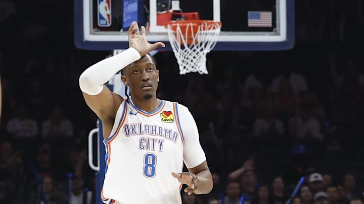 Oct 9, 2024; Oklahoma City, Oklahoma, USA; Oklahoma City Thunder forward Jalen Williams (8) gestures after scoring a basket against the Houston Rockets during the first quarter at Paycom Center. Mandatory Credit: Alonzo Adams-Imagn Images