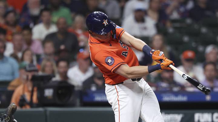May 29, 2026; Houston, Texas, USA; Houston Astros center fielder Jake Meyers (6) hits an RBI double during the fourth inning against the Milwaukee Brewers at Daikin Park. Mandatory Credit: Troy Taormina-Imagn Images