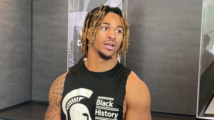 Michigan State wide receiver Chrishon McCray speaks to the press on Tuesday, Sept. 9, 2025.