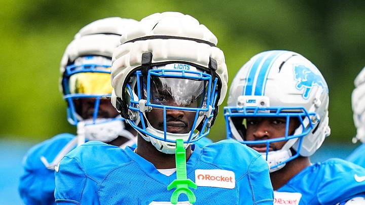 Detroit Lions cornerback Terrion Arnold (6) watches practice during training camp at Meijer Performance Center 