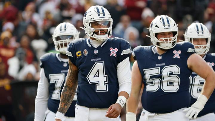 Dallas Cowboys quarterback Dak Prescott looks on during a stoppage in play against the Washington Commanders Dallas Cowboys quarterback Dak Prescott looks on during a stoppage in play against the Washington Commanders