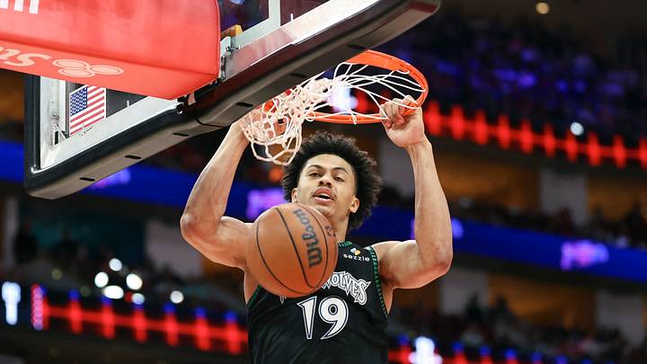 Apr 10, 2026; Houston, Texas, USA; Minnesota Timberwolves forward Joan Beringer (19) dunks the ball during the first quarter against the Houston Rockets at Toyota Center. Mandatory Credit: Troy Taormina-Imagn Images