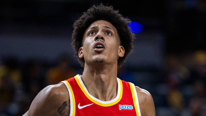 Atlanta Hawks forward Jalen Johnson (1) against the Indiana Pacers at Gainbridge Fieldhouse on October 10, 2026.