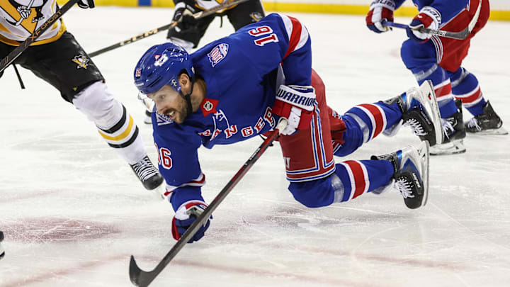 Feb 28, 2026; New York, New York, USA; New York Rangers center Vincent Trocheck (16) chases after the puck after a faceoff in the third period against the Pittsburgh Penguins at Madison Square Garden. Mandatory Credit: Wendell Cruz-Imagn Images Feb 28, 2026; New York, New York, USA; New York Rangers center Vincent Trocheck (16) chases after the puck after a faceoff in the third period against the Pittsburgh Penguins at Madison Square Garden. Mandatory Credit: Wendell Cruz-Imagn Images