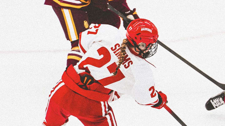 Junior left wing Kirsten Simms had two assists and was credited with 12 shots as No. 1 Wisconsin shut out No. 4 UND on Oct. 12, 2025. 