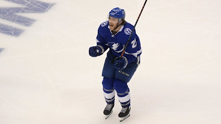 Tampa Bay Lightning forward Brayden Point celebrates scoring the winning goal in the fifth period of overtime to for a 3-2 win over the Columbus Blue Jackets. 