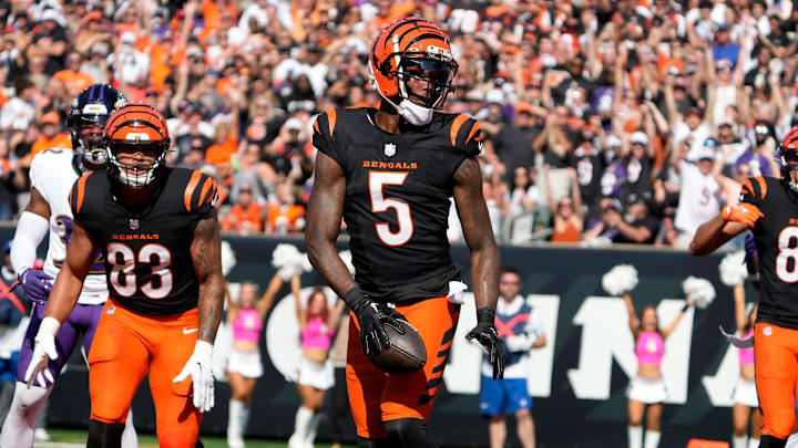 Cincinnati Bengals wide receiver Tee Higgins (5) makes a touchdown over the Baltimore Ravens in the 3rd quarter Sunday October 6, 2024 at Payor Stadium. The Bengals lost 41-38 in overtime.