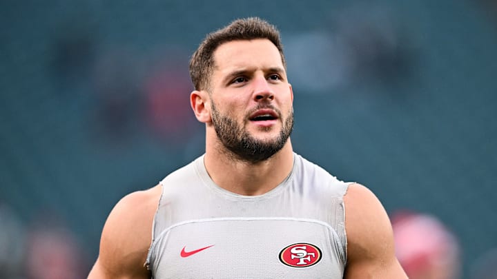 San Francisco 49ers Defensive End Nick Bosa (97) warms up on February 12, 2023. San Francisco 49ers Defensive End Nick Bosa (97) warms up on February 12, 2023.