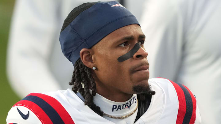 Feb 8, 2026; Santa Clara, CA, USA; New England Patriots wide receiver DeMario Douglas (3) during halftime against the Seattle Seahawks in Super Bowl LX at Levi's Stadium. Mandatory Credit: Darren Yamashita-Imagn Images