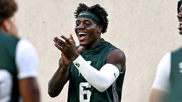 Michigan State's Nick Marsh cheers while warming up before the start of the football game against Ohio State on Saturday, Sept. 28, 2024, outside Spartan Stadium in East Lansing.