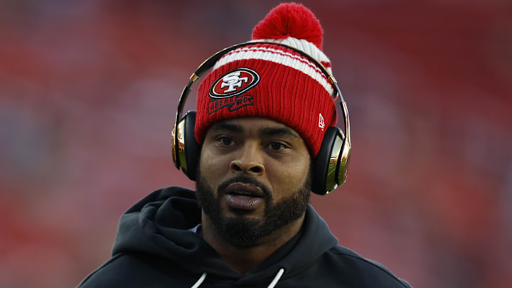 Dec 28, 2025; Santa Clara, California, USA; San Francisco 49ers wide receiver Jauan Jennings (15) warms up before the game against the Chicago Bears at Levi's Stadium. Mandatory Credit: Sergio Estrada-Imagn Images