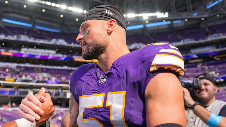 Sep 22, 2024; Minneapolis, Minnesota, USA; Houston Texans quarterback C.J. Stroud (7) and Minnesota Vikings linebacker Blake Cashman (51) after the game at U.S. Bank Stadium. Sep 22, 2024; Minneapolis, Minnesota, USA; Houston Texans quarterback C.J. Stroud (7) and Minnesota Vikings linebacker Blake Cashman (51) after the game at U.S. Bank Stadium.