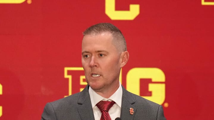 Jul 24, 2025; Las Vegas, NV, USA; USC head coach Lincoln Riley speaks to the media during the Big Ten NCAA college football media days at Mandalay Bay Resort. Mandatory Credit: Lucas Peltier-Imagn Images