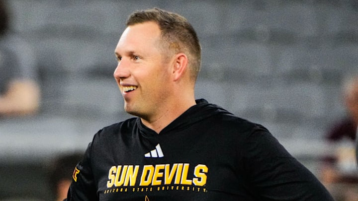 Sep 13, 2025; Tempe, Arizona, USA; Texas State Bobcats head coach G. J. Kinne and Arizona State Sun Devils head coach Kenny Dillingham speak before the game between Arizona State Sun Devils and Texas State Bobcats. Mandatory Credit: Arianna Grainey-Imagn Images Sep 13, 2025; Tempe, Arizona, USA; Texas State Bobcats head coach G. J. Kinne and Arizona State Sun Devils head coach Kenny Dillingham speak before the game between Arizona State Sun Devils and Texas State Bobcats. Mandatory Credit: Arianna Grainey-Imagn Images
