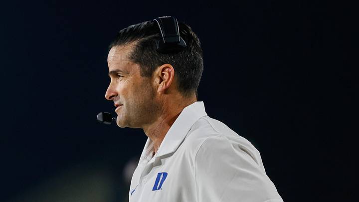Oct 26, 2024; Durham, North Carolina, USA; Duke Blue Devils head coach Manny Diaz prior to the first half of the game against Southern Methodist Mustangs at Wallace Wade Stadium. Mandatory Credit: Jaylynn Nash-Imagn Images