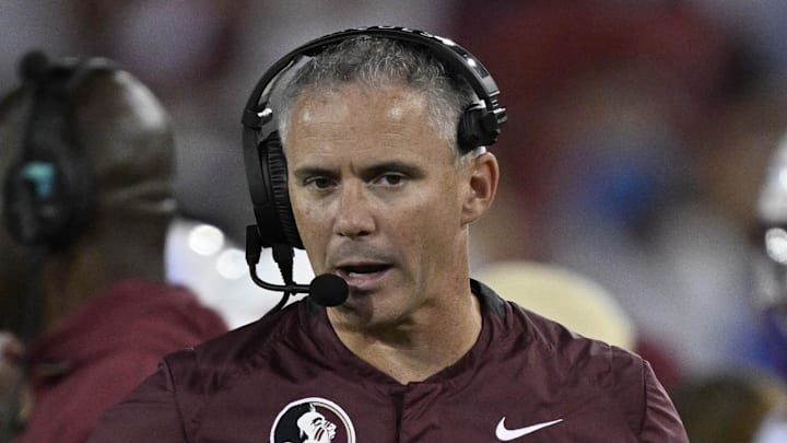 Sep 28, 2024; Dallas, Texas, USA; Florida State Seminoles head coach Mike Norvell during the game between the Southern Methodist Mustangs and the Florida State Seminoles at Gerald J. Ford Stadium. Mandatory Credit: Jerome Miron-Imagn Images Sep 28, 2024; Dallas, Texas, USA; Florida State Seminoles head coach Mike Norvell during the game between the Southern Methodist Mustangs and the Florida State Seminoles at Gerald J. Ford Stadium. Mandatory Credit: Jerome Miron-Imagn Images