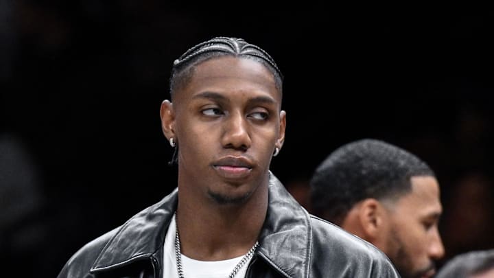 Toronto Raptors forward/guard RJ Barrett looks on during a timeout in the second half against the Brooklyn Nets. Toronto Raptors forward/guard RJ Barrett looks on during a timeout in the second half against the Brooklyn Nets.