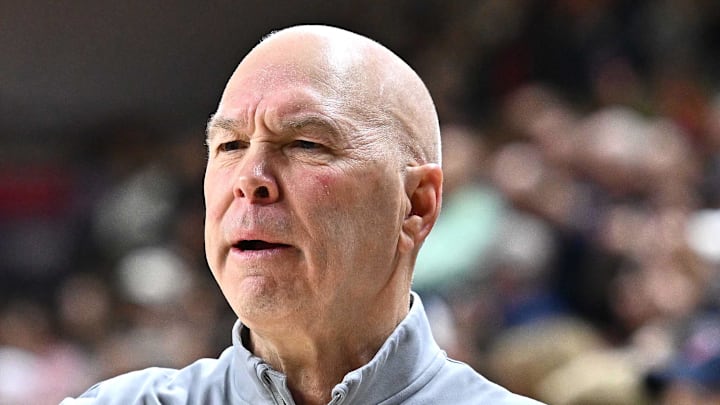 Jan 31, 2026; Spokane, Washington, USA; Saint Mary's Gaels head coach Randy Bennett talks with an official during a game against the Gonzaga Bulldogs in the second half at McCarthey Athletic Center. Mandatory Credit: James Snook-Imagn Images