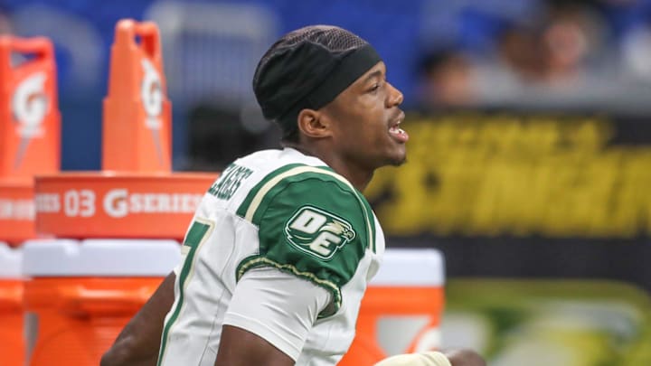 DeSoto's Ethan Feaster warms up after halftime during Friday's game at the Alamodome on Sept. 13, 2024, in San Antonio, Texas.