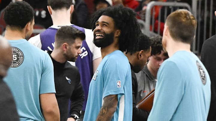 Feb 24, 2026; Chicago, Illinois, USA; Charlotte Hornets guard Coby White (3) smiles as his return to Chicago is announced during a game against the Chicago Bulls at United Center. Mandatory Credit: Matt Marton-Imagn Images