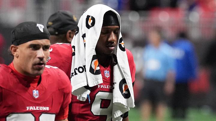 Atlanta Falcons quarterback Michael Penix Jr. leaves the field after losing to the Baltimore Ravens in overtime. Atlanta Falcons quarterback Michael Penix Jr. leaves the field after losing to the Baltimore Ravens in overtime.