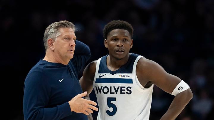 Nov 17, 2025; Minneapolis, Minnesota, USA; Minnesota Timberwolves head coach Chris Finch and Minnesota Timberwolves guard Anthony Edwards (5) looks on against the Dallas Mavericks in the second half at Target Center. Mandatory Credit: Jesse Johnson-Imagn Images Nov 17, 2025; Minneapolis, Minnesota, USA; Minnesota Timberwolves head coach Chris Finch and Minnesota Timberwolves guard Anthony Edwards (5) looks on against the Dallas Mavericks in the second half at Target Center. Mandatory Credit: Jesse Johnson-Imagn Images
