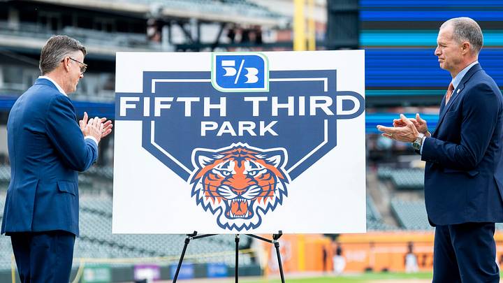 The Fifth Third Park sign on field during the Comerica Park renaming announcement The Fifth Third Park sign on field during the Comerica Park renaming announcement