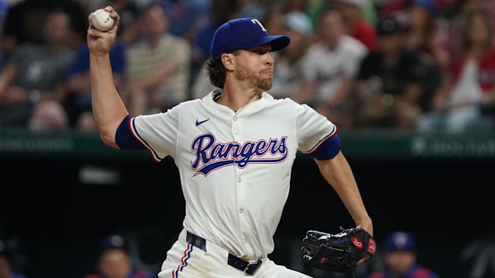 May 15, 2025; Arlington, Texas, USA; Texas Rangers pitcher Jacob deGrom (48) throws to the plate during the eighth inning against the Houston Astros at Globe Life Field.