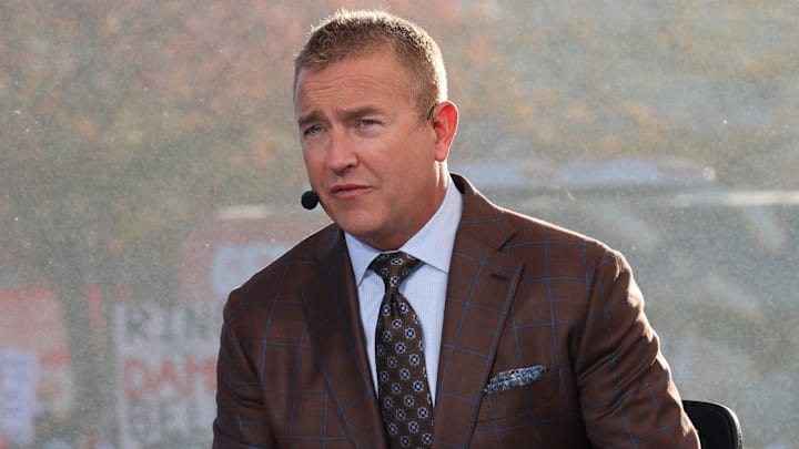 Analyst Kirk Herbstreit speaks during the ESPN College GameDay live broadcast on the Texas Tech University campus