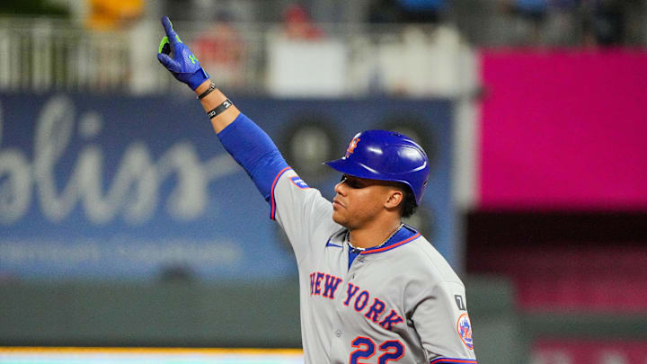 New York Mets right fielder Juan Soto celebrates while rounding the bases after a home run.