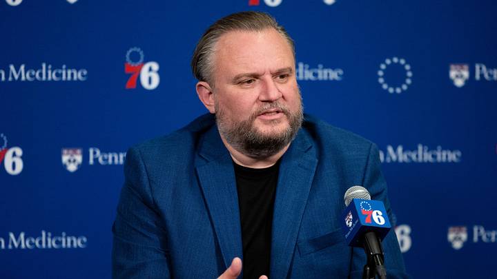 Dec 15, 2023; Philadelphia, Pennsylvania, USA; Philadelphia 76ers resident of Basketball Operations Daryl Morey speaks with the media before a game against the Detroit Pistons at Wells Fargo Center. Mandatory Credit: Bill Streicher-Imagn Images Dec 15, 2023; Philadelphia, Pennsylvania, USA; Philadelphia 76ers resident of Basketball Operations Daryl Morey speaks with the media before a game against the Detroit Pistons at Wells Fargo Center. Mandatory Credit: Bill Streicher-Imagn Images