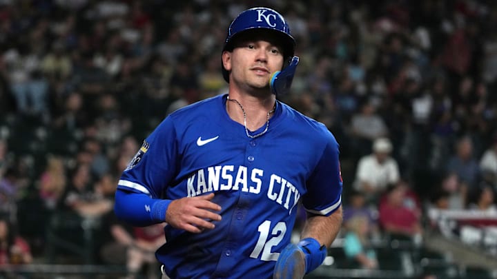 Jul 6, 2025; Phoenix, Arizona, USA; Kansas City Royals outfielder Nick Loftin (12) scores a run against the Arizona Diamondbacks in the fifth inning at Chase Field. Mandatory Credit: Rick Scuteri-Imagn Images