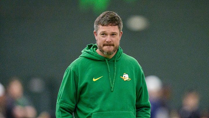 Oregon head coach Dan Lanning attends Oregon Pro Day on March 17, 2026, at the Moshofsky Center in Eugene, Oregon. Oregon head coach Dan Lanning attends Oregon Pro Day on March 17, 2026, at the Moshofsky Center in Eugene, Oregon.