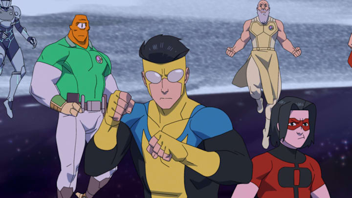 ITech Jacket, Allen The Alien (Seth Rogen), Invincible (Steven Yeun), Great Thaedus (Peter Cullen), Oliver Grayson (Christian Convery), Omni-Man (JK Simmons), and Battle Beast (Michael Dorn) in Invincible season 4. ITech Jacket, Allen The Alien (Seth Rogen), Invincible (Steven Yeun), Great Thaedus (Peter Cullen), Oliver Grayson (Christian Convery), Omni-Man (JK Simmons), and Battle Beast (Michael Dorn) in Invincible season 4.