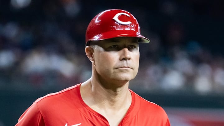 Aug 24, 2025; Phoenix, Arizona, USA; Cincinnati Reds third base coach J.R. House against the Arizona Diamondbacks at Chase Field. Mandatory Credit: Mark J. Rebilas-Imagn Images