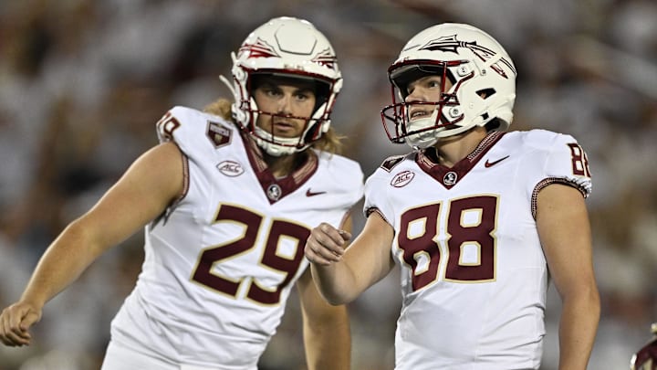 Sep 28, 2024; Dallas, Texas, USA; Florida State Seminoles place kicker Ryan Fitzgerald (88) in action during the game between the Southern Methodist Mustangs and the Florida State Seminoles at Gerald J. Ford Stadium. Mandatory Credit: Jerome Miron-Imagn Images