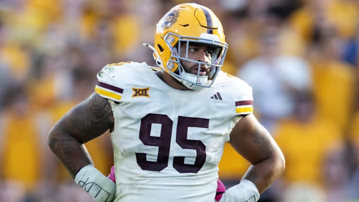 Oct 18, 2025; Tempe, Arizona, USA; Arizona State Sun Devils defensive lineman Justin Wodtly (95) against the Texas Tech Red Raiders at Mountain America Stadium. Mandatory Credit: Mark J. Rebilas-Imagn Images