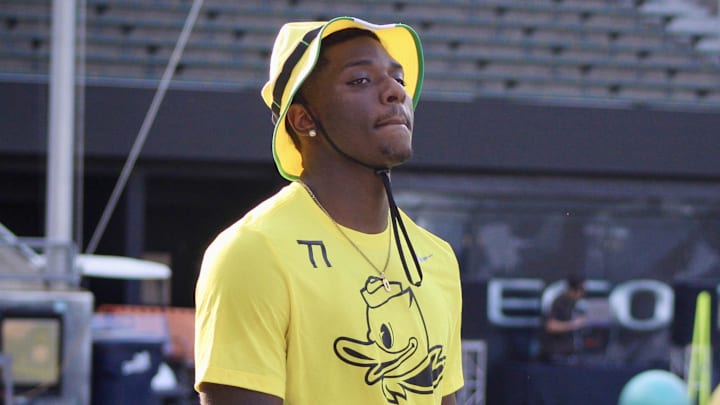 July 27, 2024; Eugene, OR, USA; Kendre Harrison  part of the top-ranked recruits flocked to Eugene for the 2024 Oregon Ducks Saturday Night Live ; Mandatory credit: Zachary Neel-USA TODAY NETWORK via Imagn Images