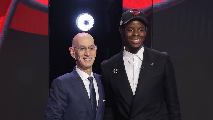 Jun 23, 2026; New York, NY, USA; NBA commissioner Adam Silver greets the fourth pick in the 2026 NBA draft, North Carolina forward Caleb Wilson after he was selected by the Chicago Bulls at Barclays Center. Mandatory Credit: Brad Penner-Imagn Images Jun 23, 2026; New York, NY, USA; NBA commissioner Adam Silver greets the fourth pick in the 2026 NBA draft, North Carolina forward Caleb Wilson after he was selected by the Chicago Bulls at Barclays Center. Mandatory Credit: Brad Penner-Imagn Images