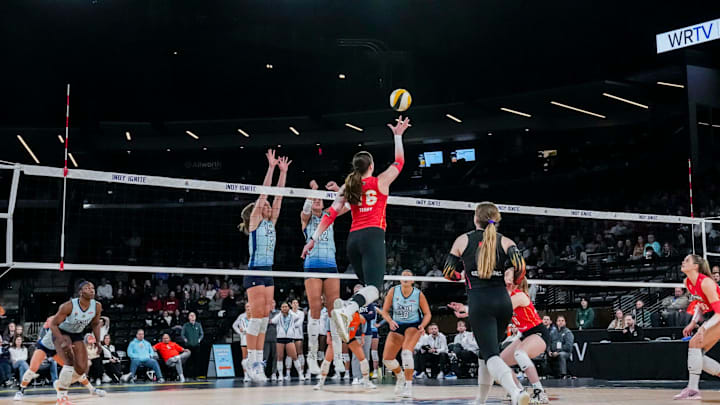 Columbus Fury Raina Terry (16) hits the ball Thursday, March 20, 2025, during a volleyball game between the Indy Ignite and the Columbus Fury at the Fishers Event Center. The Indy Ignite won in five sets. Columbus Fury Raina Terry (16) hits the ball Thursday, March 20, 2025, during a volleyball game between the Indy Ignite and the Columbus Fury at the Fishers Event Center. The Indy Ignite won in five sets.