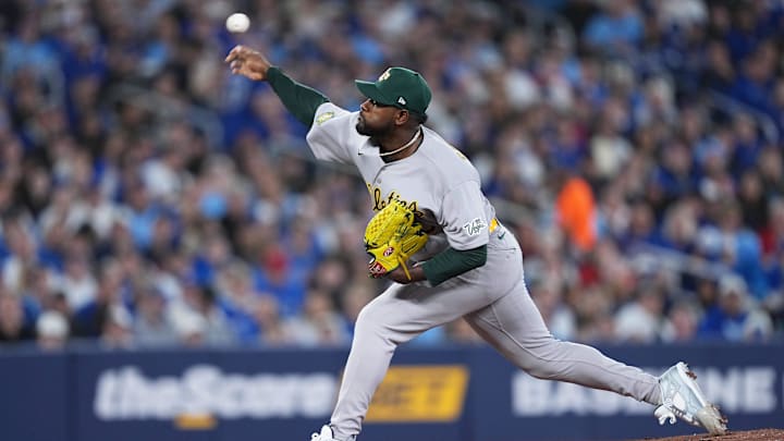 Mar 27, 2026; Toronto, Ontario, CAN;  Athletics starting starting pitcher Luis Severino (40) throws a pitch against the Toronto Blue Jays during the first inning at Rogers Centre. Mandatory Credit: Nick Turchiaro-Imagn Images