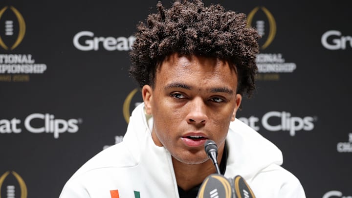 Jan 17, 2026; Miami Gardens, FL, USA; Miami Hurricanes defensive back Jakobe Thomas (8) talks to the media during media day for the 2025 College Football Playoff National Championship at Miami Beach Convention Center.