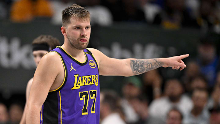 Apr 9, 2025; Dallas, Texas, USA; Los Angeles Lakers guard Luka Doncic (77) during the game between the Dallas Mavericks and the Los Angeles Lakers at American Airlines Center. Mandatory Credit: Jerome Miron-Imagn Images
