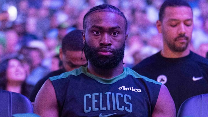 Mar 24, 2025; Sacramento, California, USA; Boston Celtics forward Jaylen Brown (7) sits on the bench before the start of the game against the Sacramento Kings at the Golden 1 Center. Mandatory Credit: Cary Edmondson-Imagn Images