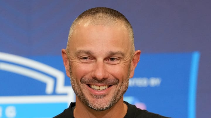 Feb 24, 2026; Indianapolis, IN, USA; Las Vegas Raiders general manager John Spytek speaks at the NFL Scouting Combine at the Indiana Convention Center. Mandatory Credit: Kirby Lee-Imagn Images