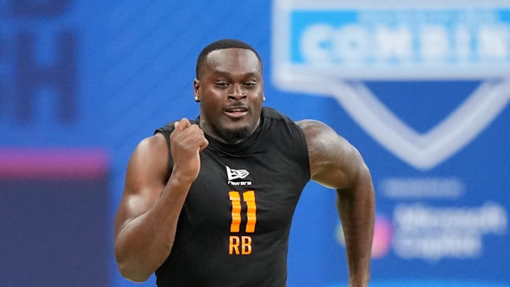 Notre Dame running back Jeremiyah Love during the 2026 NFL Scouting Combine at Lucas Oil Stadium