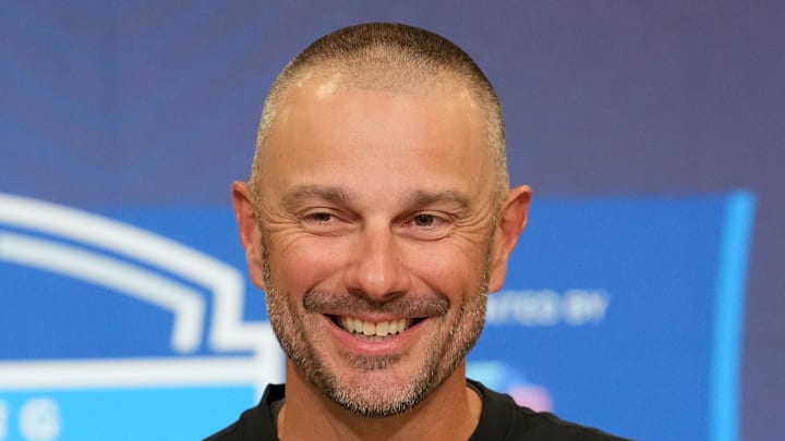 Feb 24, 2026; Indianapolis, IN, USA; Las Vegas Raiders general manager John Spytek speaks at the NFL Scouting Combine at the Indiana Convention Center. Mandatory Credit: Kirby Lee-Imagn Images