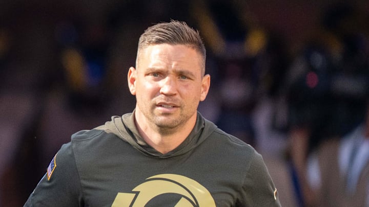 November 9, 2025; Santa Clara, California, USA; Los Angeles Rams quarterbacks coach Dave Ragone (left) and defensive coordinator Chris Shula (right) before the game against the San Francisco 49ers at Levi's Stadium. Mandatory Credit: Kyle Terada-Imagn Images